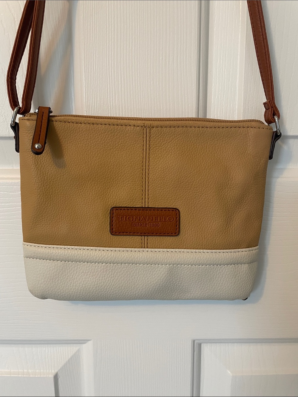 Belted Two-Tone Crossbody Bag in Tan and Cream by Tignanello